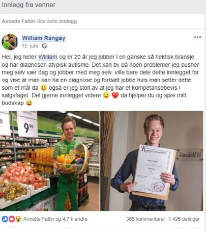 FORBILDE: William våger å være stolt av seg selv. Mange ser på ham som et forbilde. Skjermdump fra Facebook. FORBILDE: William våger å være stolt av seg selv. Mange ser på ham som et forbilde. Skjermdump fra Facebook.