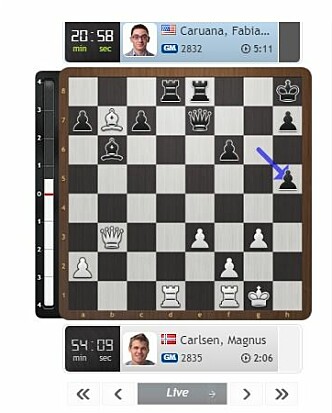 CARLSEN-TABBEN: Bonden fra h4 til h5, som deretter ble slått ut av Caruana. Skjermdump: Chess24.com. CARLSEN-TABBEN: Bonden fra h4 til h5, som deretter ble slått ut av Caruana. Skjermdump: Chess24.com.