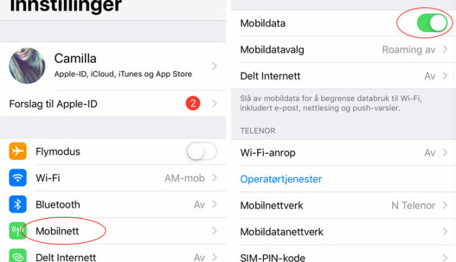 Gå til «Innstillinger», «Mobilnett», og skru på mobildata. Foto: Skjermdump Gå til «Innstillinger», «Mobilnett», og skru på mobildata. Foto: Skjermdump
