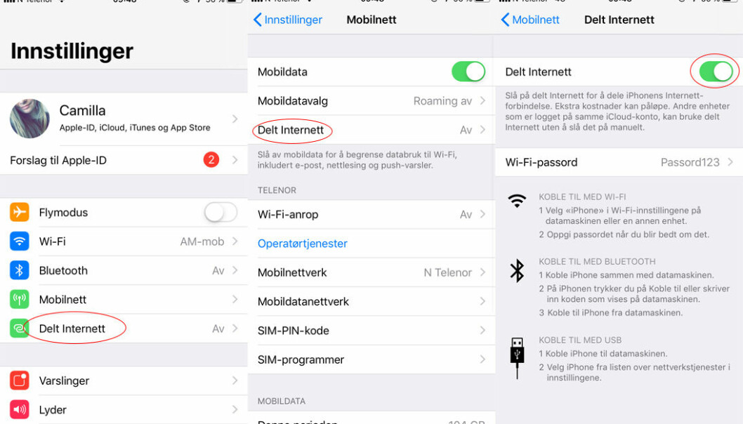 Klikk på «Delt Internett», og skru det på. Foto: Skjermdump Klikk på «Delt Internett», og skru det på. Foto: Skjermdump