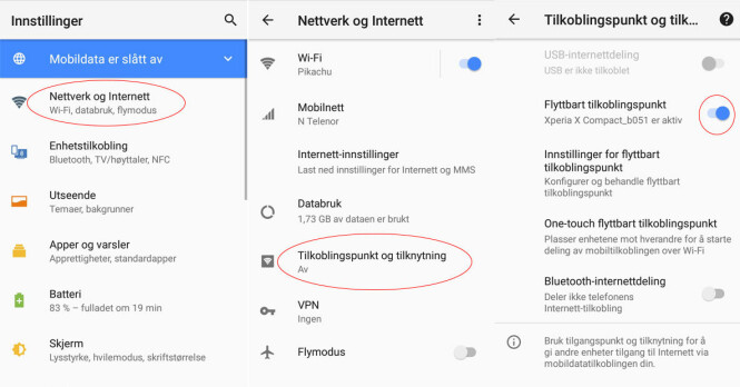 Gå til «Innstillinger», «Nettverk og Internett» og «Tilkoblingspunkt og tilknytning» for å dele mobilnettet med andre. Foto: Skjermdump Gå til «Innstillinger», «Nettverk og Internett» og «Tilkoblingspunkt og tilknytning» for å dele mobilnettet med andre. Foto: Skjermdump