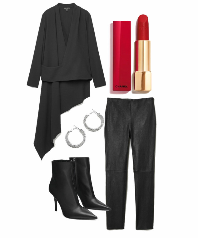 Topp fra COS, kr 890. Leppestift fra Chanel via Feelunique.com, kr 348. Øredobber fra Glitter, kr 100. Skinnbukse fra H&M, kr 2500. Sko fra Zara, kr 999. Topp fra COS, kr 890. Leppestift fra Chanel via Feelunique.com, kr 348. Øredobber fra Glitter, kr 100. Skinnbukse fra H&M, kr 2500. Sko fra Zara, kr 999.