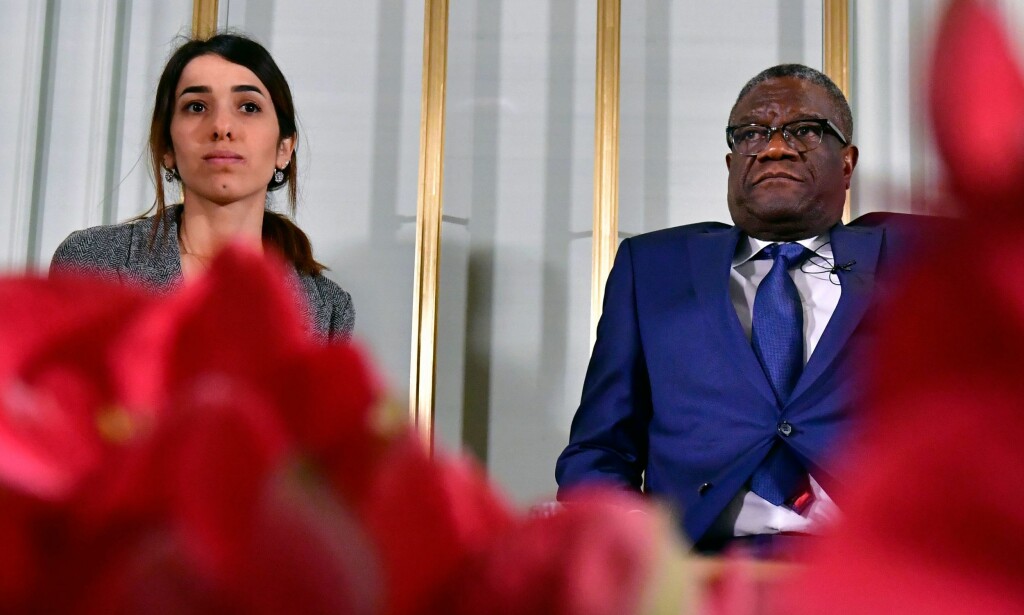 VINNERE: Den unge irakeren Nadia Murad Basee Taha og den kongolesiske legen Denis Mukwege er årets fredsprisvinnere. Foto: NTB Scanpix VINNERE: Den unge irakeren Nadia Murad Basee Taha og den kongolesiske legen Denis Mukwege er årets fredsprisvinnere. Foto: NTB Scanpix