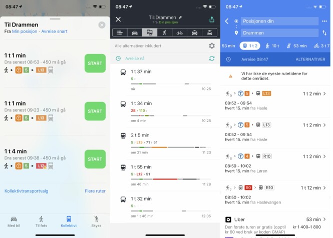 <strong>Fra venstre:</strong> Apple Maps, Here WeGo og Google Maps. <strong>Fra venstre:</strong> Apple Maps, Here WeGo og Google Maps.