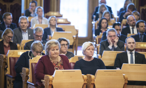 Oslo 20190129.
Statsminister Erna Solberg leverte sin regjeringserklæring for Stortinget tirsdag. Her sammen med finansminister Siv Jensen.
Foto: Ole Berg-Rusten / NTB Scanpix Oslo 20190129.
Statsminister Erna Solberg leverte sin regjeringserklæring for Stortinget tirsdag. Her sammen med finansminister Siv Jensen.
Foto: Ole Berg-Rusten / NTB Scanpix