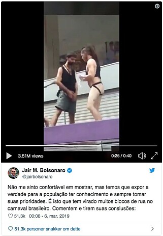 TVITRET: Brasils president la ut denne videoen på Twitter av en mann som tisser på en annen under karnevalet São Paulo. Foto: Skjermdump. TVITRET: Brasils president la ut denne videoen på Twitter av en mann som tisser på en annen under karnevalet São Paulo. Foto: Skjermdump.