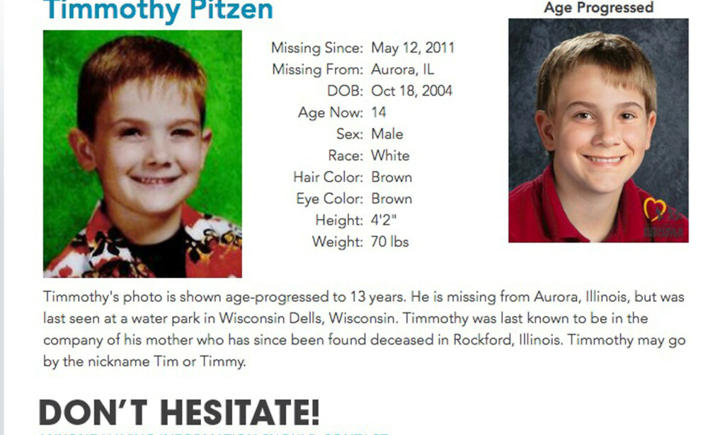 ETTERLYST: Denne etterlysningen har til høyre en simulering av hvordan Timmothy trolig ser ut nå, dersom han lever. Foto: National Center for Missing & Exploited Children / Reuters / NTB Scanpix ETTERLYST: Denne etterlysningen har til høyre en simulering av hvordan Timmothy trolig ser ut nå, dersom han lever. Foto: National Center for Missing & Exploited Children / Reuters / NTB Scanpix