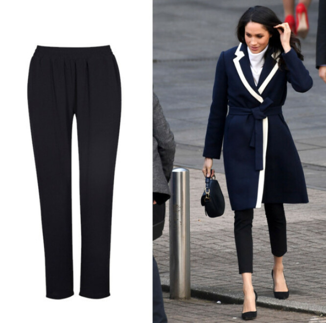 DRESSBUKSER: Det er nok ikke første gang du har sett Markle i disse buksene. Vi vet hun tidligere har brukt et par fra Alexander McQueen, men ønsker du et mer budsjettvennlig alternativ, kan du se på den fra Cubus (kr 249) til venstre. FOTO: Scanpix og produsenten DRESSBUKSER: Det er nok ikke første gang du har sett Markle i disse buksene. Vi vet hun tidligere har brukt et par fra Alexander McQueen, men ønsker du et mer budsjettvennlig alternativ, kan du se på den fra Cubus (kr 249) til venstre. FOTO: Scanpix og produsenten