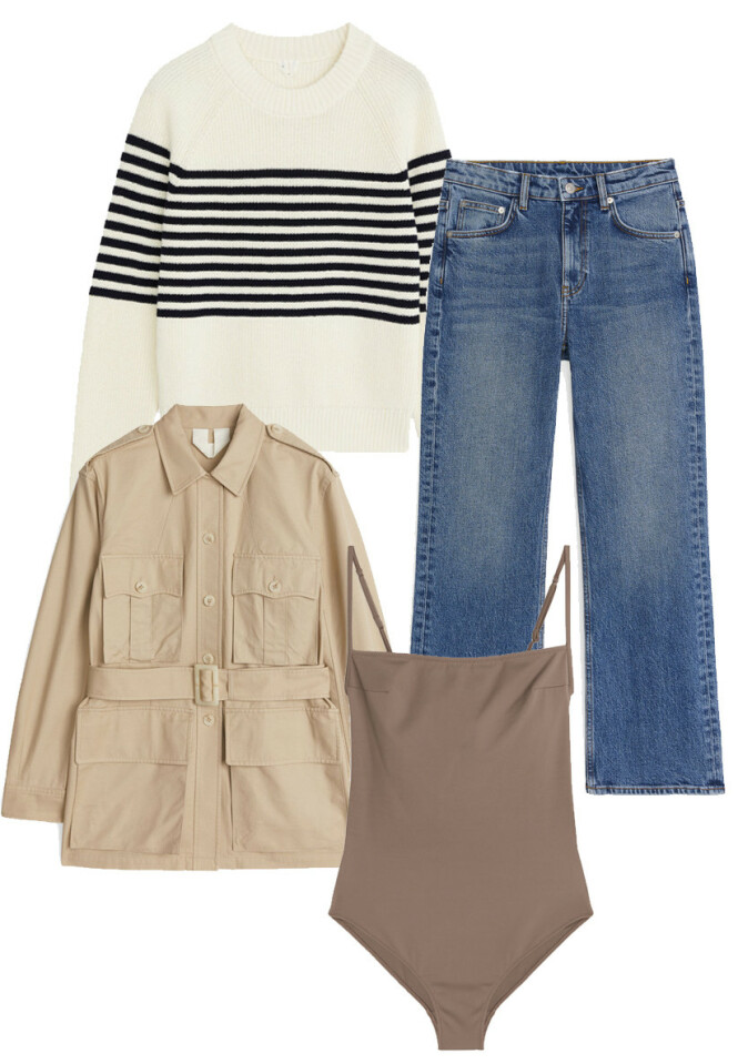 ARKET: Genser, kr 790. Jeans, kr 690. Jakke, kr 890. Badedrakt, kr 590. ARKET: Genser, kr 790. Jeans, kr 690. Jakke, kr 890. Badedrakt, kr 590.