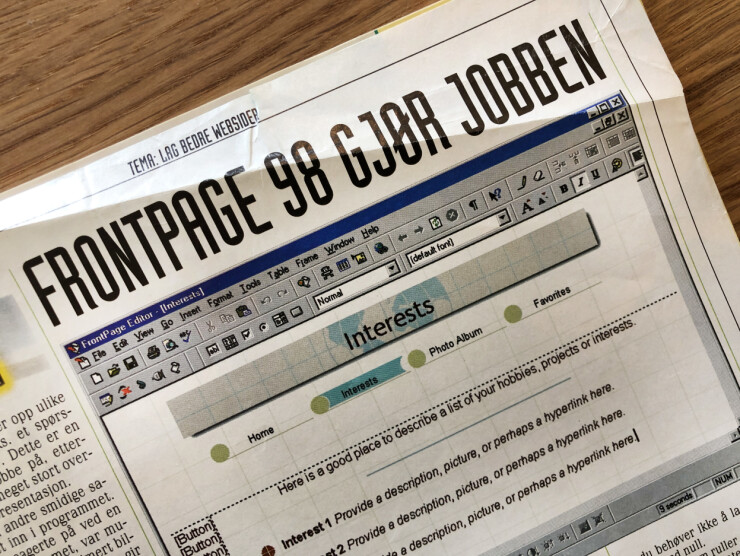 I 1998 var det ikke VSCode som var flaggskip-editoren for webutviklere. Neida, Frontpage 98, det var det som gjaldt. 📸: Jørgen Jacobsen I 1998 var det ikke VSCode som var flaggskip-editoren for webutviklere. Neida, Frontpage 98, det var det som gjaldt. 📸: Jørgen Jacobsen