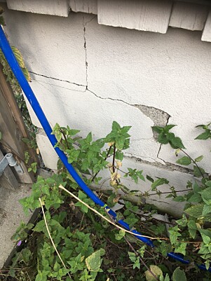 <strong>SPREKK:</strong> Det har blitt en sprekk i grunnmuren på utsiden av huset. Foto: Privat <strong>SPREKK:</strong> Det har blitt en sprekk i grunnmuren på utsiden av huset. Foto: Privat