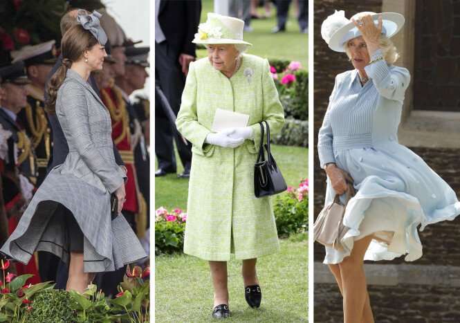 HOLDER SEG PÅ PLASS: Dronningens (i midten) plagg skal visstnok holde seg i ro ved hjelp av vekter. Det er tydelig at Kate (t.v.) og Camilla (t.h.) ikke har tatt i bruk dette trikset. Foto: Scanpix HOLDER SEG PÅ PLASS: Dronningens (i midten) plagg skal visstnok holde seg i ro ved hjelp av vekter. Det er tydelig at Kate (t.v.) og Camilla (t.h.) ikke har tatt i bruk dette trikset. Foto: Scanpix