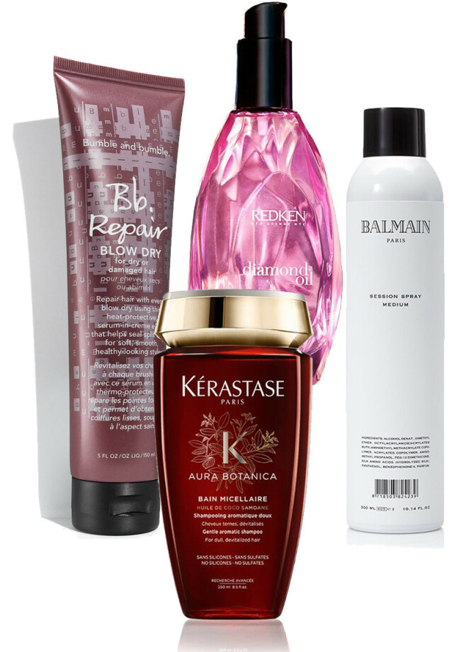 Blow Dry fra Bumble and Bumble, kr 274. Hårolje fra Redken, kr 219. Hårspray fra Balmain, kr 245. Sjampo fra Kerastase, kr 145. Blow Dry fra Bumble and Bumble, kr 274. Hårolje fra Redken, kr 219. Hårspray fra Balmain, kr 245. Sjampo fra Kerastase, kr 145.