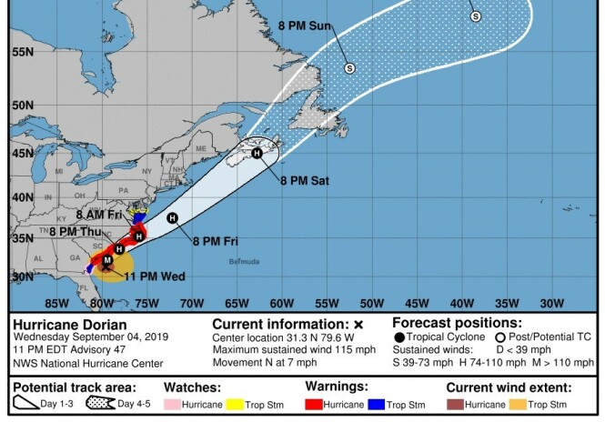FORBEREDER SEG: Slik det ser ut nå er det North og South Carolina, samt Georgia, som forbereder seg på Dorian. Florida slipper med skrekken. Foto: National Hurricane Center FORBEREDER SEG: Slik det ser ut nå er det North og South Carolina, samt Georgia, som forbereder seg på Dorian. Florida slipper med skrekken. Foto: National Hurricane Center