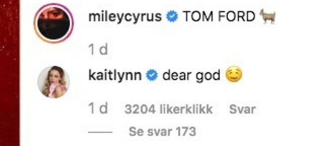 SKRØT AV MILEY: Kaitlynn Carter ser ut til å være godt fornøyd med artistens Tom Ford-antrekk. Foto: Skjermdump fra Instagram SKRØT AV MILEY: Kaitlynn Carter ser ut til å være godt fornøyd med artistens Tom Ford-antrekk. Foto: Skjermdump fra Instagram
