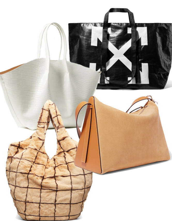 Hvit veske fra Mango, kr 399. Veske i svart og hvitt fra Off-White via Net-a-porter.com, kr 2177. Veske i fuskepels fra Baum und Pferdgarten, kr 1899. Veske i brunt fra Loewe via Net-a-porter.com, kr 15300. Hvit veske fra Mango, kr 399. Veske i svart og hvitt fra Off-White via Net-a-porter.com, kr 2177. Veske i fuskepels fra Baum und Pferdgarten, kr 1899. Veske i brunt fra Loewe via Net-a-porter.com, kr 15300.