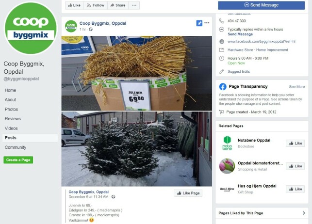 JULETRESALG: Coop Byggmix i Oppdal reklamerer på Facebook med billige juletrær. Foto: skjermdump. JULETRESALG: Coop Byggmix i Oppdal reklamerer på Facebook med billige juletrær. Foto: skjermdump.