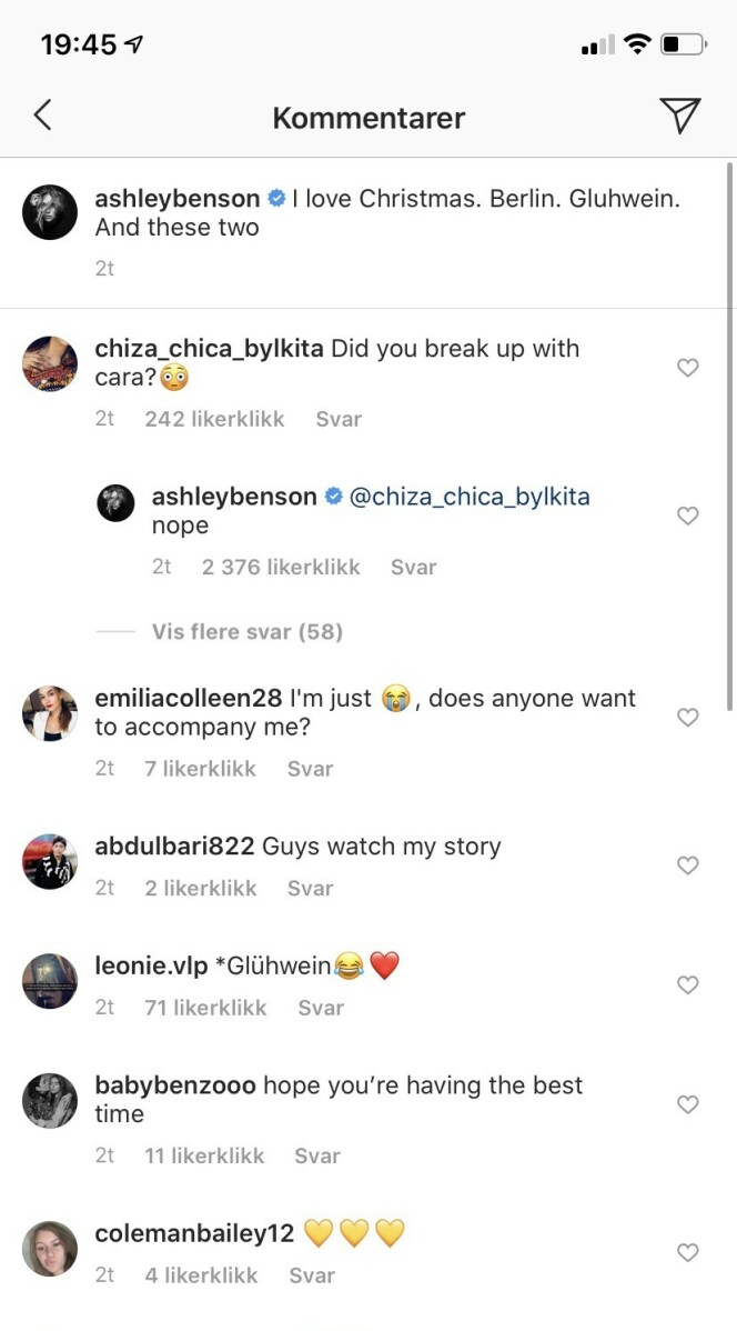 <strong>AVKREFTER:</strong> Ashley Benson svarte like så godt fansen på spørsmål om det er brudd med modellkjæresten. Foto: Skjermdump fra Instagram <strong>AVKREFTER:</strong> Ashley Benson svarte like så godt fansen på spørsmål om det er brudd med modellkjæresten. Foto: Skjermdump fra Instagram