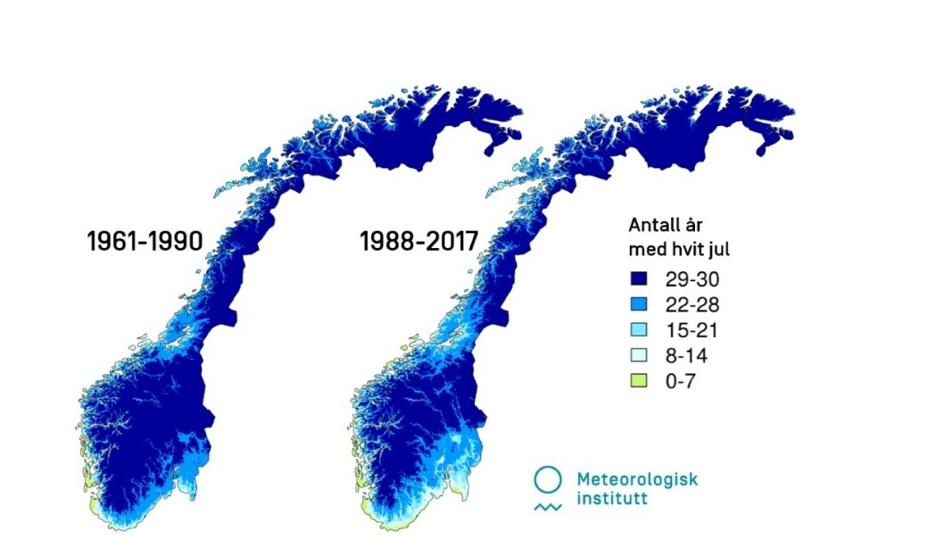 <strong>ENDRINGER:</strong> Disse kartene viser hvor mange ganger det har vært 10 millimeter snø på bakken på julaften, til venstre i perioden 1961 til 1990, til høyre perioden 1988 til 2017.
FOTO: CRISTIAN LUSSANA OG KETIL ISAKSEN/METEOROLOGISK INSTITUTT <strong>ENDRINGER:</strong> Disse kartene viser hvor mange ganger det har vært 10 millimeter snø på bakken på julaften, til venstre i perioden 1961 til 1990, til høyre perioden 1988 til 2017.
FOTO: CRISTIAN LUSSANA OG KETIL ISAKSEN/METEOROLOGISK INSTITUTT