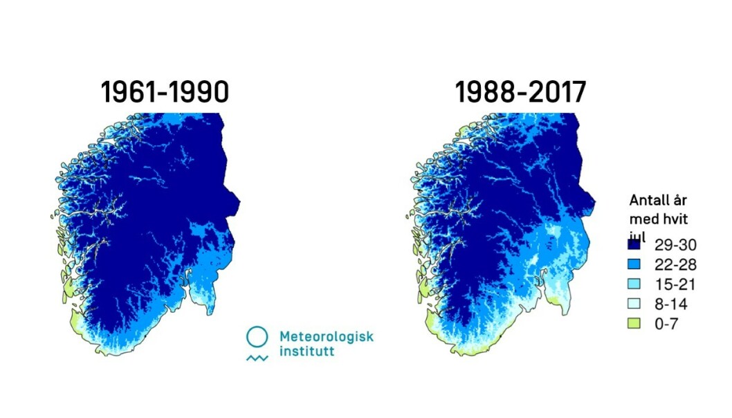 <strong>ENDRINGER:</strong> Disse kartene viser hvor mange ganger det har vært 10 millimeter snø på bakken på julaften, til venstre i perioden 1961 til 1990, til høyre perioden 1988 til 2017.
FOTO: CRISTIAN LUSSANA OG KETIL ISAKSEN/METEOROLOGISK INSTITUTT <strong>ENDRINGER:</strong> Disse kartene viser hvor mange ganger det har vært 10 millimeter snø på bakken på julaften, til venstre i perioden 1961 til 1990, til høyre perioden 1988 til 2017.
FOTO: CRISTIAN LUSSANA OG KETIL ISAKSEN/METEOROLOGISK INSTITUTT