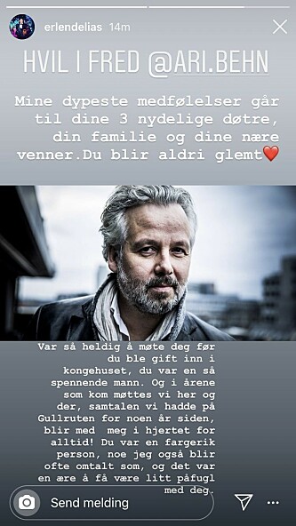 <strong>GODE ORD:</strong> Erlend Elias er en av mange som har uttrykt sin sorg over dødsfallet til Ari Behn. Foto: Skjermdump fra Instagram <strong>GODE ORD:</strong> Erlend Elias er en av mange som har uttrykt sin sorg over dødsfallet til Ari Behn. Foto: Skjermdump fra Instagram