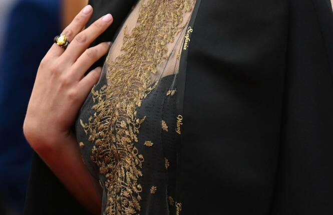 HYLLER REGISSØRER: Natalie Portman dukket opp på den røde løperen i en kjole brodert med kvinnelige regissørers navn. Foto: NTB scanpix HYLLER REGISSØRER: Natalie Portman dukket opp på den røde løperen i en kjole brodert med kvinnelige regissørers navn. Foto: NTB scanpix