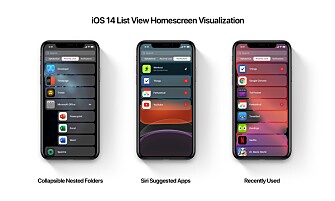 <strong>SLIK KAN DET BLI:</strong> Parker Ortalani har laget såkalte mockups av hvordan den nye listevisningen i iOS 14 kan se ut. Foto: Parker Ortalani <strong>SLIK KAN DET BLI:</strong> Parker Ortalani har laget såkalte mockups av hvordan den nye listevisningen i iOS 14 kan se ut. Foto: Parker Ortalani