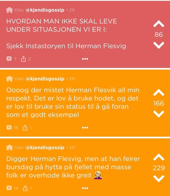<strong>KRITIKK:</strong> Brukere på Jodel raser etter Herman Flesvigs hyttetur. Foto: Skjermdump Jodel <strong>KRITIKK:</strong> Brukere på Jodel raser etter Herman Flesvigs hyttetur. Foto: Skjermdump Jodel
