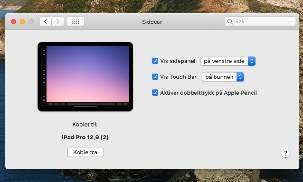 EGNE INNSTILLINGER: Du kan også koble iPad-skjermen til Mac-en fra Systemvalg > Sidecar. Finner du ikke dette valget, kan du for øvrig ikke bruke funksjonen. Skjermbilde: Kirsti Østvang EGNE INNSTILLINGER: Du kan også koble iPad-skjermen til Mac-en fra Systemvalg > Sidecar. Finner du ikke dette valget, kan du for øvrig ikke bruke funksjonen. Skjermbilde: Kirsti Østvang