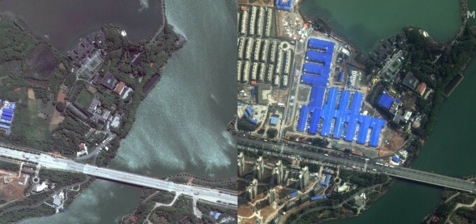 Byggingen av et sykehus i Wuhan. Bildet til venstre er tatt 28. april 2017. Bildet til høyre er tatt 22. februar 2020. Sykehuset skal ha blitt ferdigstilt i løpet av ti dager. Foto: Maxar Byggingen av et sykehus i Wuhan. Bildet til venstre er tatt 28. april 2017. Bildet til høyre er tatt 22. februar 2020. Sykehuset skal ha blitt ferdigstilt i løpet av ti dager. Foto: Maxar