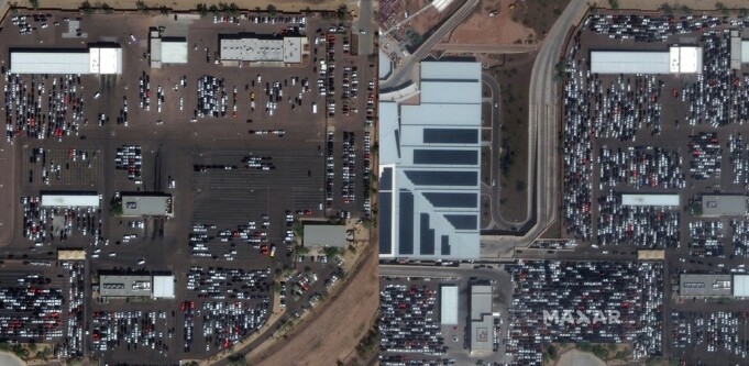 Ubrukte leiebiler på en parkeringsplass ved Phoenix´ Sky Harbour i USA. Bildet til venstre er tatt 5. mars. Bildet til høyre er tatt 16. mars 2020. Foto: Maxar Ubrukte leiebiler på en parkeringsplass ved Phoenix´ Sky Harbour i USA. Bildet til venstre er tatt 5. mars. Bildet til høyre er tatt 16. mars 2020. Foto: Maxar