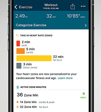<strong>PULSSONE:</strong> Etter at du har gjennomført en treningsøkt, kan du gå inn i oppsummeringen for å se hvilke pulssoner du lå i. Foto: Fitbit <strong>PULSSONE:</strong> Etter at du har gjennomført en treningsøkt, kan du gå inn i oppsummeringen for å se hvilke pulssoner du lå i. Foto: Fitbit