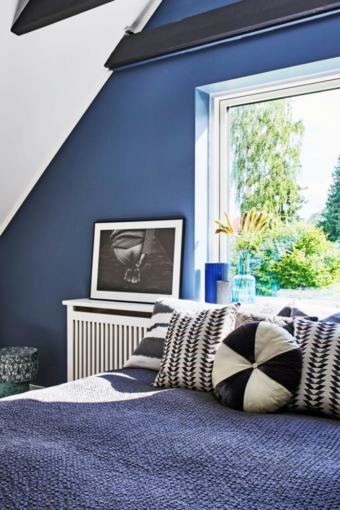 Har du et møbel i en markant farge, kan du sette det sammen med mindre ting i samme farge, det gir et roligere uttrykk. Her en blå glassvase fra Louise Roe i stuen med den blå sofaen. Tips! Miks puter med forskjellige mønstre, men i samme farger. Det virker livlig og harmonisk på samme tid. FOTO: Høeg + Møller Har du et møbel i en markant farge, kan du sette det sammen med mindre ting i samme farge, det gir et roligere uttrykk. Her en blå glassvase fra Louise Roe i stuen med den blå sofaen. Tips! Miks puter med forskjellige mønstre, men i samme farger. Det virker livlig og harmonisk på samme tid. FOTO: Høeg + Møller