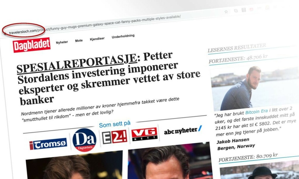 Falske nyhetsartikler om kjente nordmenn spres på nett. Foto: Skjermdump Falske nyhetsartikler om kjente nordmenn spres på nett. Foto: Skjermdump