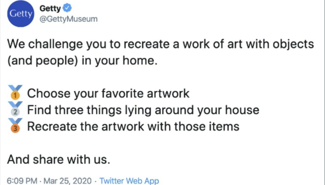 UTFORDRING: Getty Museum i Los Angeles kom med denne oppfordringen på Twitter. FOTO: Skjermdump Twitter. UTFORDRING: Getty Museum i Los Angeles kom med denne oppfordringen på Twitter. FOTO: Skjermdump Twitter.