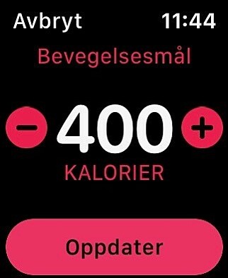 OPP ELLER NED: Du kan justere hvor mange aktive kalorier du ønsker å forbrenne i løpet av en dag på Apple Watch. Skjermbilde: Kirsti Østvang OPP ELLER NED: Du kan justere hvor mange aktive kalorier du ønsker å forbrenne i løpet av en dag på Apple Watch. Skjermbilde: Kirsti Østvang