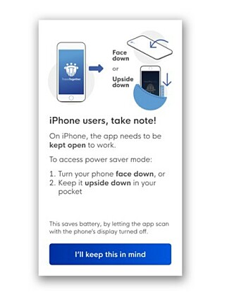 "I Singapore får iPhone-brukere beskjed om at de må holde appen åpen for at den skal fungere." "I Singapore får iPhone-brukere beskjed om at de må holde appen åpen for at den skal fungere."
