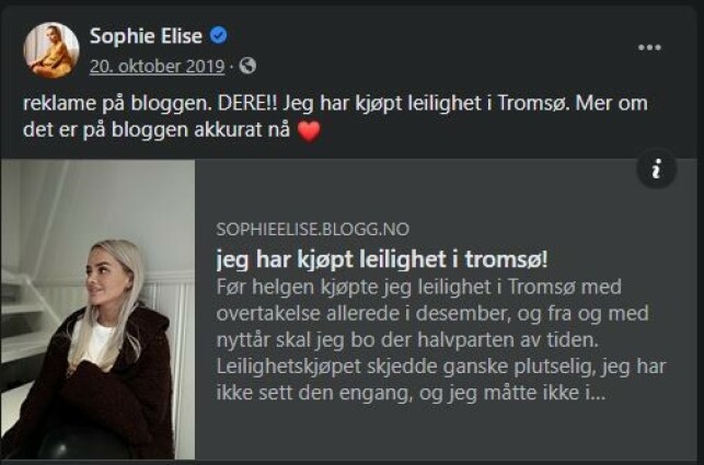 BLOGGET OM KJØP: Isachsen la 20. oktober ut et nå slettet blogginnlegg om at hun hadde kjøpt leilighet. Facebook-innlegget er fortsatt tilgjengelig. Foto: Skjermdump Facebook BLOGGET OM KJØP: Isachsen la 20. oktober ut et nå slettet blogginnlegg om at hun hadde kjøpt leilighet. Facebook-innlegget er fortsatt tilgjengelig. Foto: Skjermdump Facebook