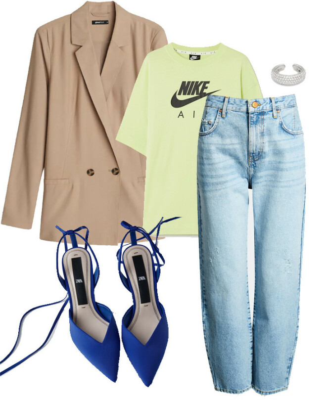 Blazer fra Gina Tricot, kr 399. T-skjorte fra Nike, kr 500. Bukse fra Bik Bok, kr 599. Ear cuff fra Tom Wood, kr 1449. Sko fra Zara, kr 399. Blazer fra Gina Tricot, kr 399. T-skjorte fra Nike, kr 500. Bukse fra Bik Bok, kr 599. Ear cuff fra Tom Wood, kr 1449. Sko fra Zara, kr 399.