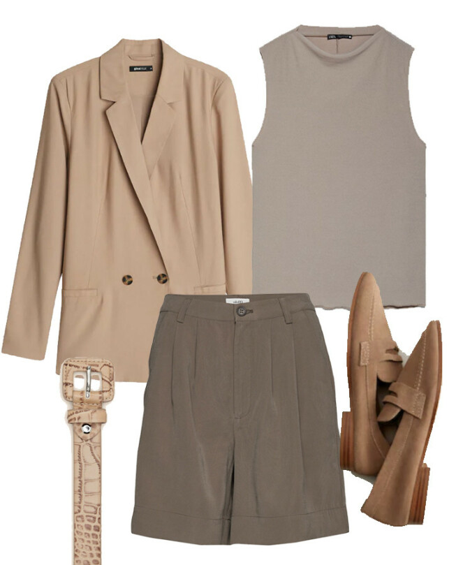 Blazer fra Gina Tricot, kr 399. Shorts fra mByM via Boozt.com, kr 700. Topp fra Zara, kr 169. Sko fra Mango, kr 599. Belte fra MOO, kr 1000. Blazer fra Gina Tricot, kr 399. Shorts fra mByM via Boozt.com, kr 700. Topp fra Zara, kr 169. Sko fra Mango, kr 599. Belte fra MOO, kr 1000.