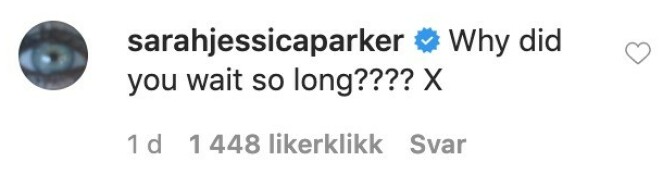KOMMENTERTE: Sarah Jessica Parker la igjen en kommentar under bildet, der hun lurer på hvorfor han ikke har gjort dette tidligere. Foto: Skjermdump Instagram KOMMENTERTE: Sarah Jessica Parker la igjen en kommentar under bildet, der hun lurer på hvorfor han ikke har gjort dette tidligere. Foto: Skjermdump Instagram