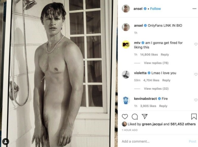 <strong>NAKENBILDE:</strong> Ansel Elgort delte nakenbilde av seg selv for å samle inn penger til veldedighet. Foto: Skjermbilde fra Instagram <strong>NAKENBILDE:</strong> Ansel Elgort delte nakenbilde av seg selv for å samle inn penger til veldedighet. Foto: Skjermbilde fra Instagram