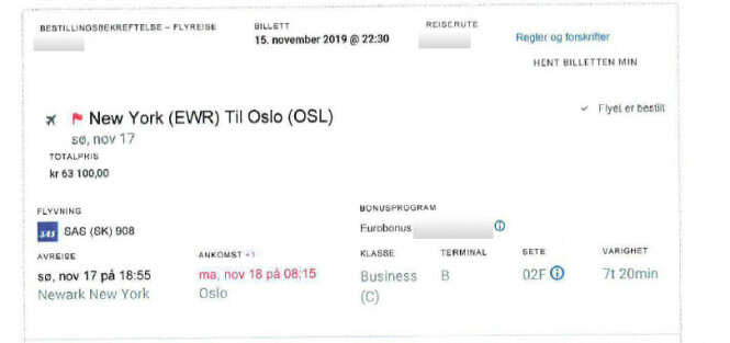 Billetten for Torbjørn Røe Isaksens reise hjem fra New York. Billetten for Torbjørn Røe Isaksens reise hjem fra New York.