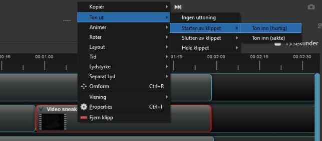 HURTIGVALG: Når du høyreklikker et element på tidslinjen, får du fram mange hurtigvalg. HURTIGVALG: Når du høyreklikker et element på tidslinjen, får du fram mange hurtigvalg.