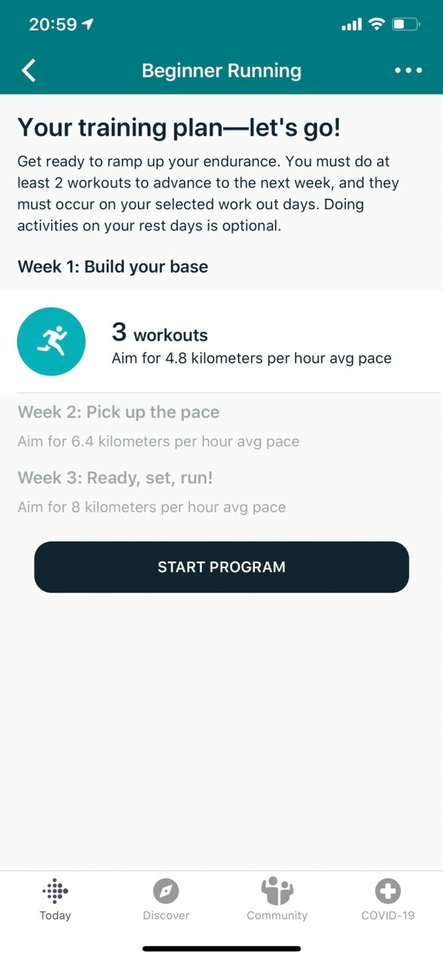 KOM I GANG MED LØPING: I Fitbits Premium-tjeneste kan du få hjelp til å sette opp en løpeplan. Skjermbilde: Kirsti Østvang KOM I GANG MED LØPING: I Fitbits Premium-tjeneste kan du få hjelp til å sette opp en løpeplan. Skjermbilde: Kirsti Østvang