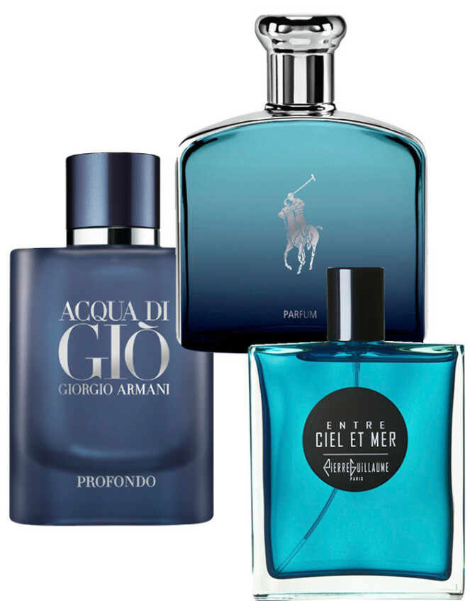 1. Hav så langt du ser! Grønn mandarin, bergamott, rosmarin, lavendel, mineraler, amber og sypress (kr 625, Giorgio Armani, Acqua di Gio Profondo, 40 ml). 2. Fra havets dyp i tropene! Grønn mango, sypress, salvie, patsjuli, ambroxan og Deep Ocean Accord (kr 530, Ralph Lauren Polo Deep Blue, 50 ml). 3. Kald sjøsprøyt! Alger, våte blader, lavendel, pære, timian og ambergris (kr 1050, Parfumerie Generale, Entre Ciel et Mer, 50 ml). 1. Hav så langt du ser! Grønn mandarin, bergamott, rosmarin, lavendel, mineraler, amber og sypress (kr 625, Giorgio Armani, Acqua di Gio Profondo, 40 ml). 2. Fra havets dyp i tropene! Grønn mango, sypress, salvie, patsjuli, ambroxan og Deep Ocean Accord (kr 530, Ralph Lauren Polo Deep Blue, 50 ml). 3. Kald sjøsprøyt! Alger, våte blader, lavendel, pære, timian og ambergris (kr 1050, Parfumerie Generale, Entre Ciel et Mer, 50 ml).