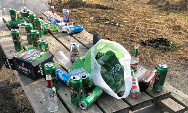 SØPPEL: På rasteplassen hevder Heirsaunet at han fant mellom 70-100 bokser og flasker. Foto: Roald Heirsaunet SØPPEL: På rasteplassen hevder Heirsaunet at han fant mellom 70-100 bokser og flasker. Foto: Roald Heirsaunet