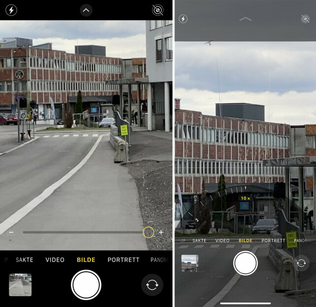IKKE LIKE AVANSERT: På skjermbildet til venstre kan du se kameragrensesnittet når du zoomer med iPhone SE. Høyre er iPhone 11 Pro Max. IKKE LIKE AVANSERT: På skjermbildet til venstre kan du se kameragrensesnittet når du zoomer med iPhone SE. Høyre er iPhone 11 Pro Max.