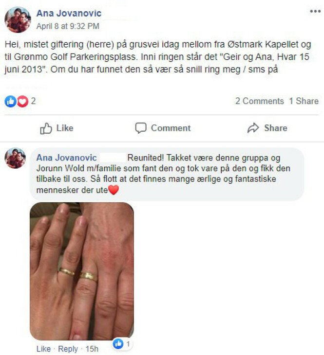 GLADSAK: Ana delte den gode nyheten om at ringen var funnet i «Mistet/funnet»-gruppen på Facebook. FOTO: Skjermdump GLADSAK: Ana delte den gode nyheten om at ringen var funnet i «Mistet/funnet»-gruppen på Facebook. FOTO: Skjermdump