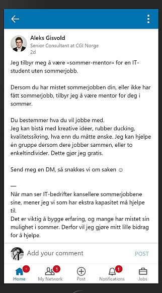 Aleks Gisvolds post på Linkedin inspirerer flere utviklere til å gjøre som han; bli sommermentorer. Aleks Gisvolds post på Linkedin inspirerer flere utviklere til å gjøre som han; bli sommermentorer.